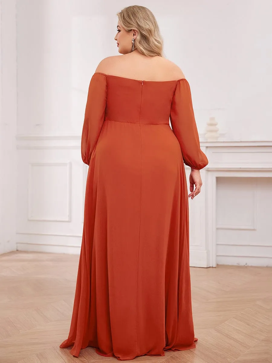 Plus Size High-Slit Waist Pleated Bridesmaid Dress with Long Sleeves