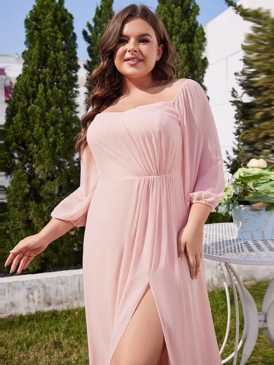 Plus Size High-Slit Waist Pleated Bridesmaid Dress with Long Sleeves