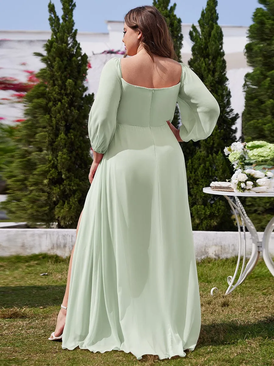 Plus Size High-Slit Waist Pleated Bridesmaid Dress with Long Sleeves