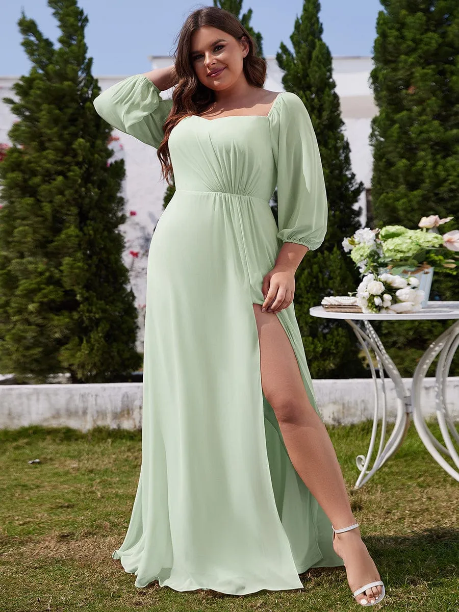 Plus Size High-Slit Waist Pleated Bridesmaid Dress with Long Sleeves