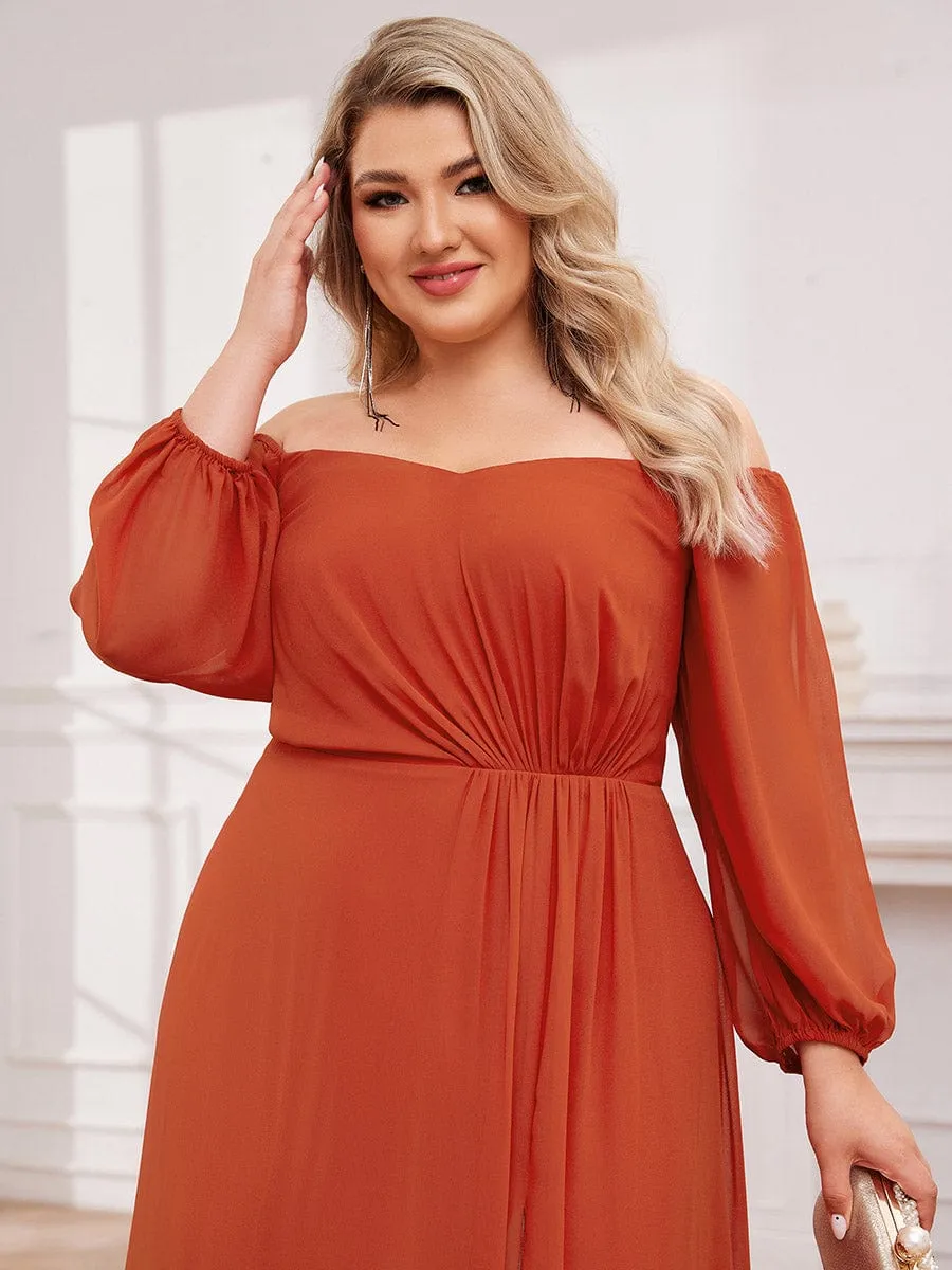 Plus Size High-Slit Waist Pleated Bridesmaid Dress with Long Sleeves