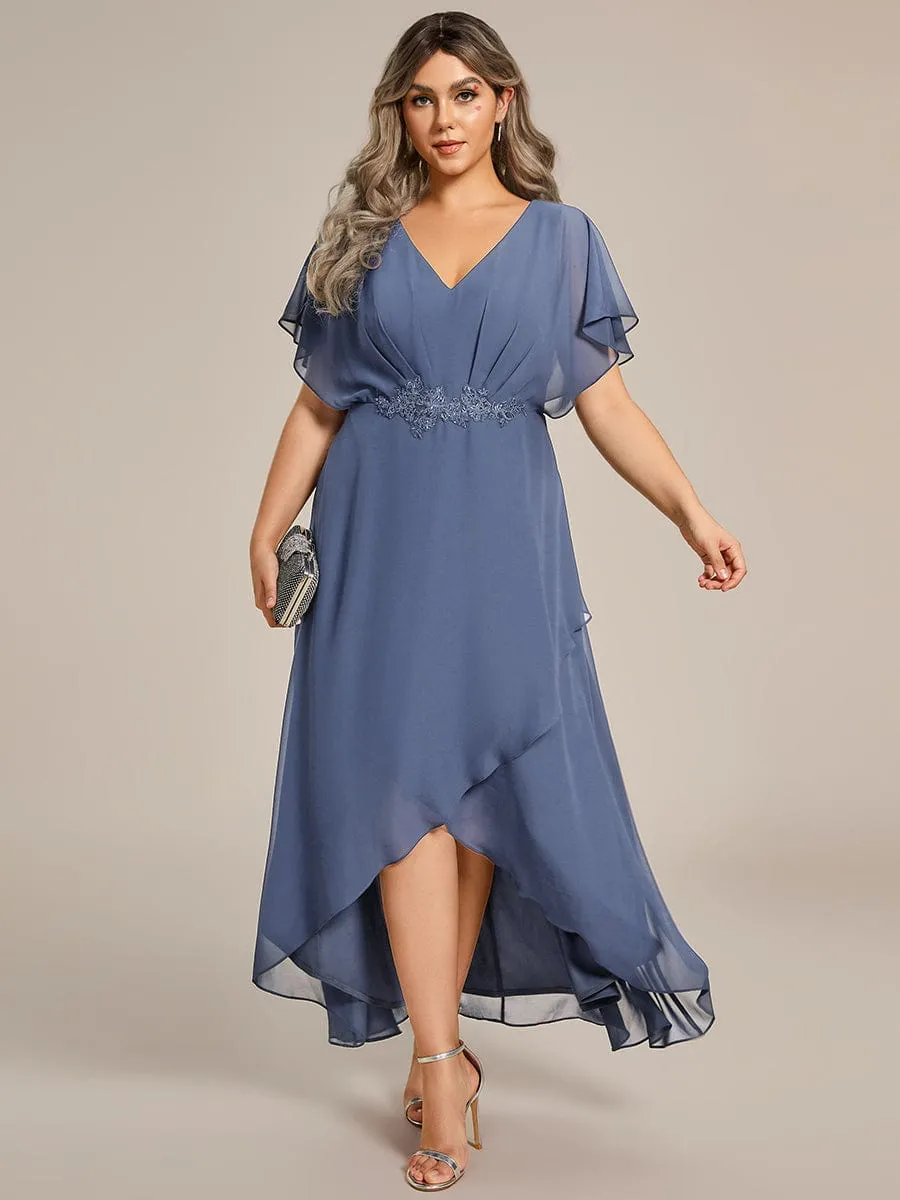 Plus Size V-Neck Chiffon Bat-Wing Sleeve A-Line Waist Applique Formal Dress