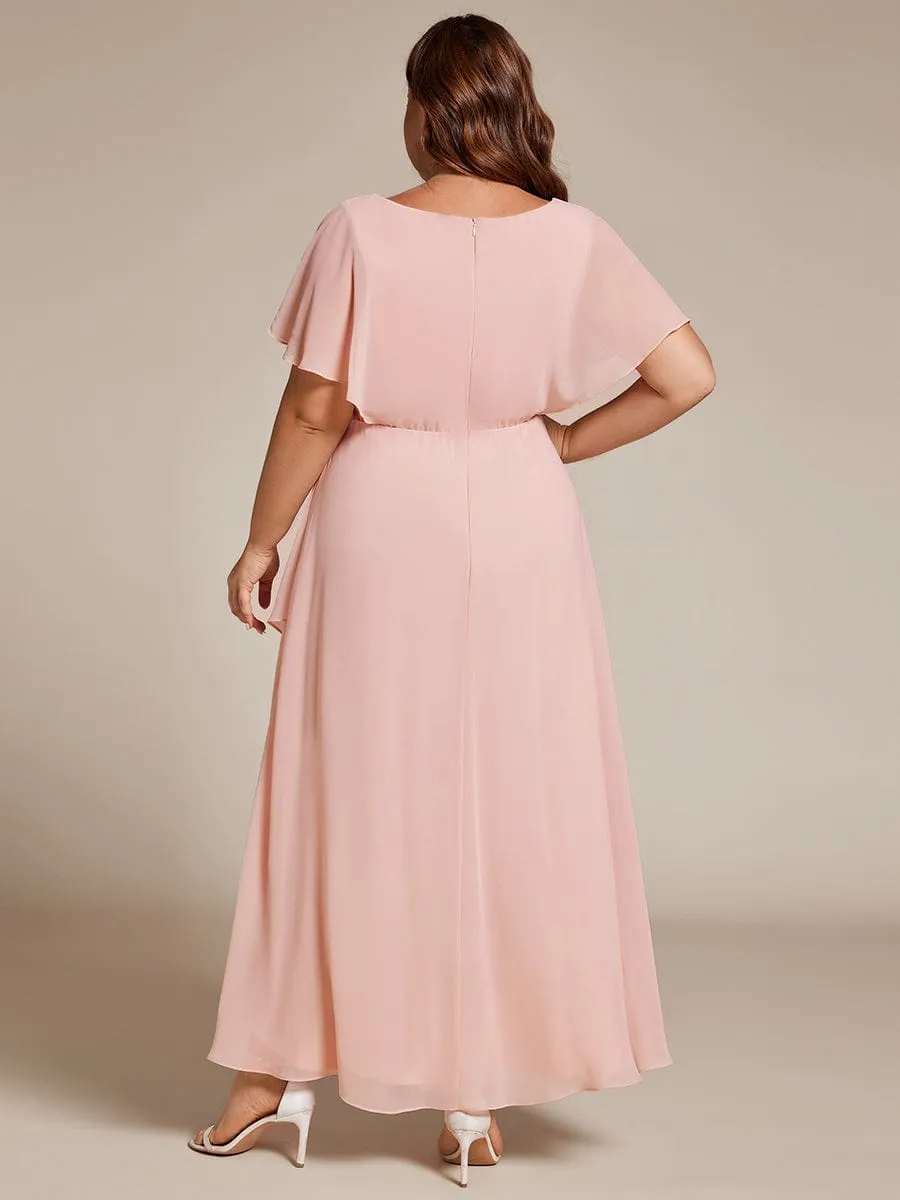 Plus Size V-Neck Chiffon Bat-Wing Sleeve A-Line Waist Applique Formal Dress