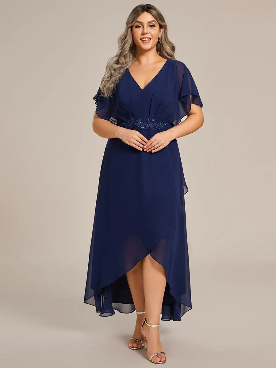 Plus Size V-Neck Chiffon Bat-Wing Sleeve A-Line Waist Applique Formal Dress