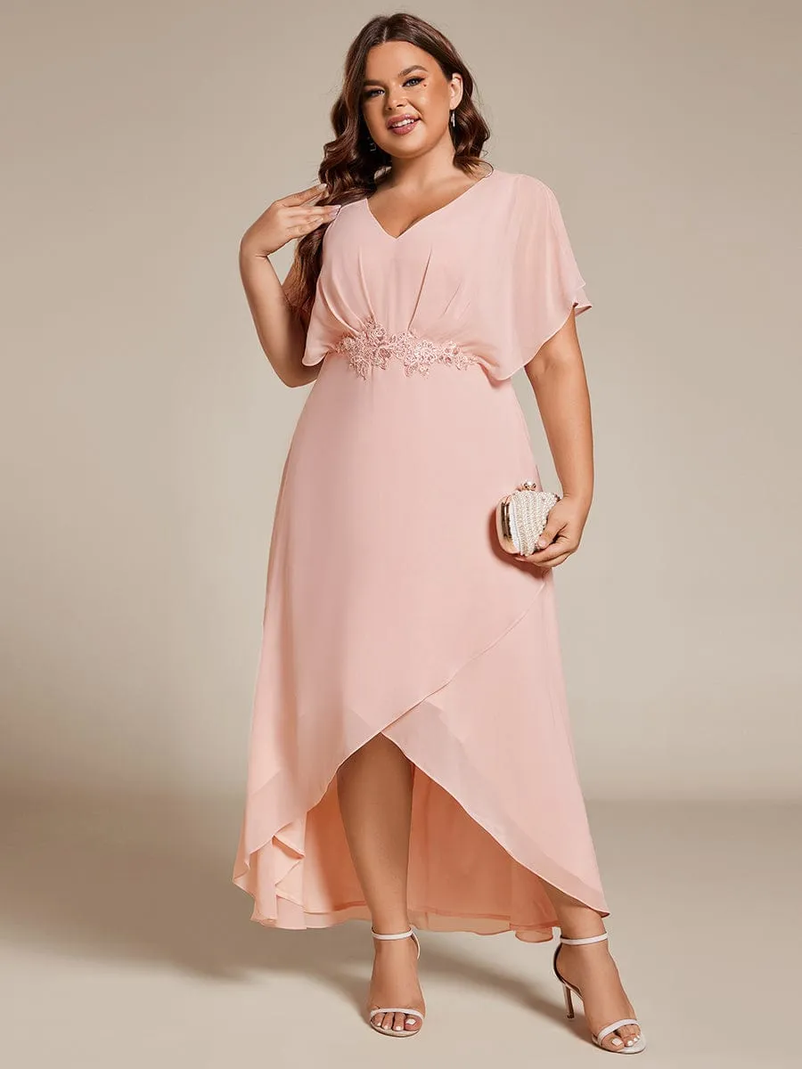 Plus Size V-Neck Chiffon Bat-Wing Sleeve A-Line Waist Applique Formal Dress