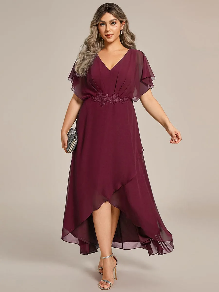 Plus Size V-Neck Chiffon Bat-Wing Sleeve A-Line Waist Applique Formal Dress