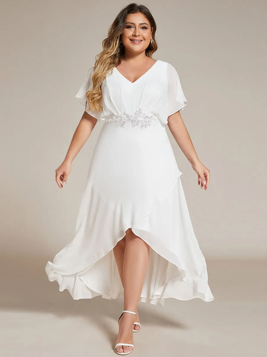 Plus Size V-Neck Chiffon Bat-Wing Sleeve A-Line Waist Applique Formal Dress