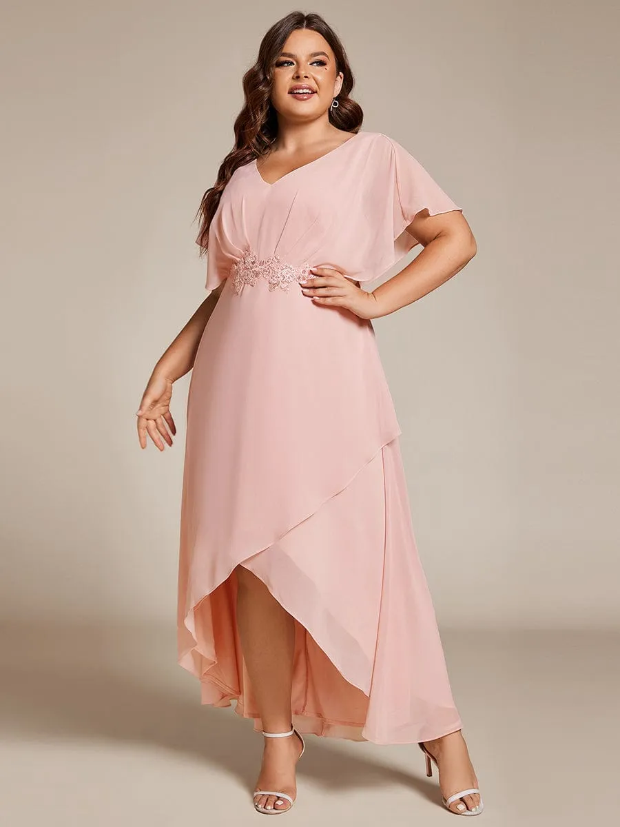 Plus Size V-Neck Chiffon Bat-Wing Sleeve A-Line Waist Applique Formal Dress