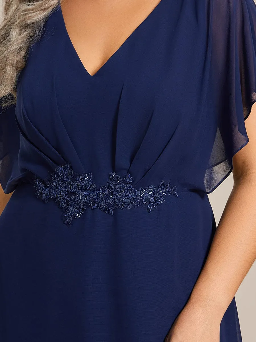 Plus Size V-Neck Chiffon Bat-Wing Sleeve A-Line Waist Applique Formal Dress