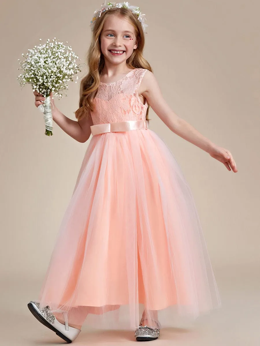 Princess Bow Sleeveless Lace Tulle Flower Girl Dress