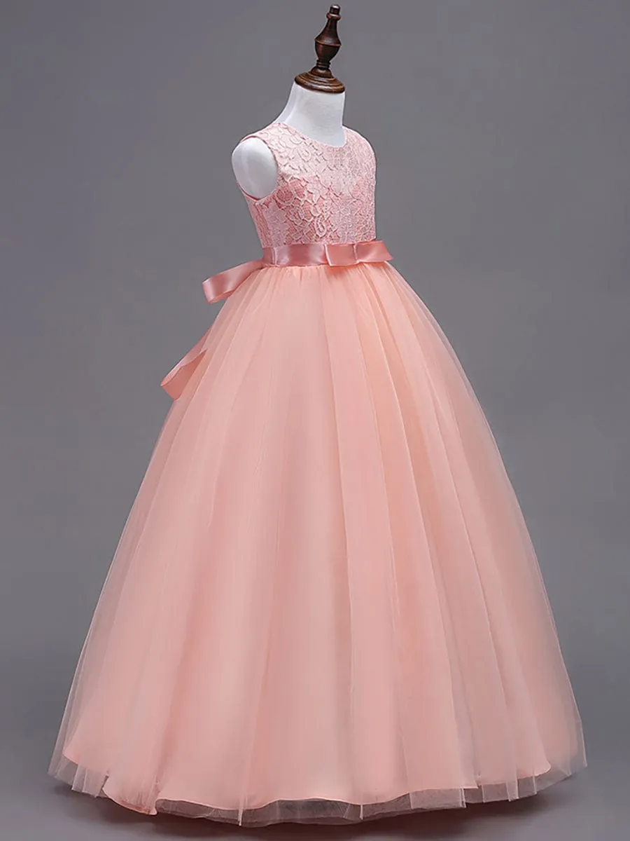 Princess Bow Sleeveless Lace Tulle Flower Girl Dress