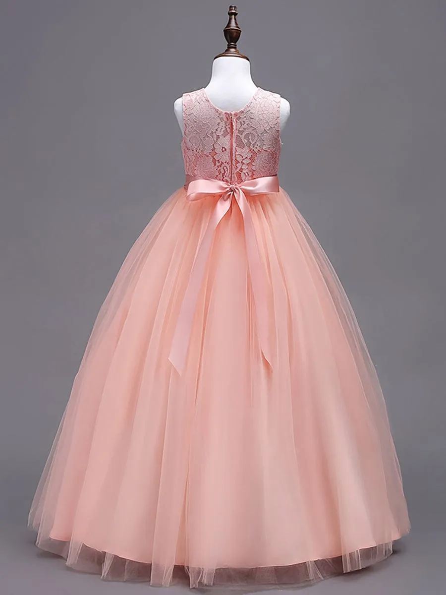 Princess Bow Sleeveless Lace Tulle Flower Girl Dress