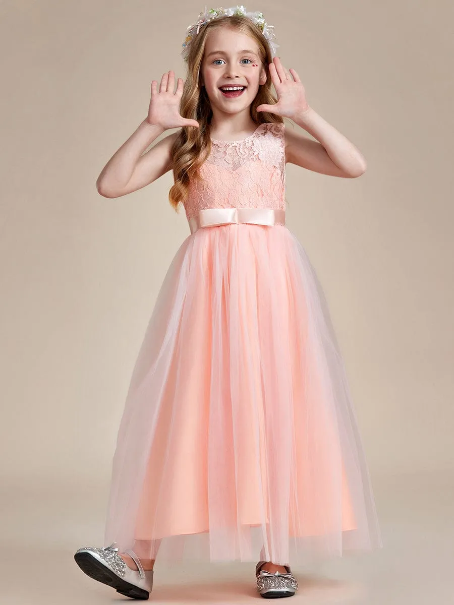 Princess Bow Sleeveless Lace Tulle Flower Girl Dress