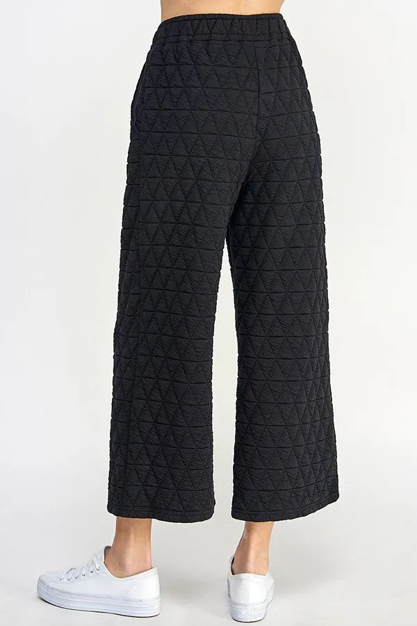 Quilted Cropped Wide Pants -Black