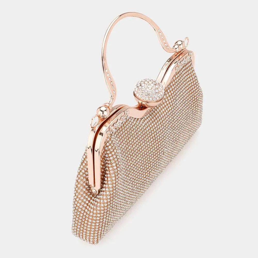 Rose Gold Bling Rhinestone Mesh Top Handle Evening Bag / Crossbody Bag