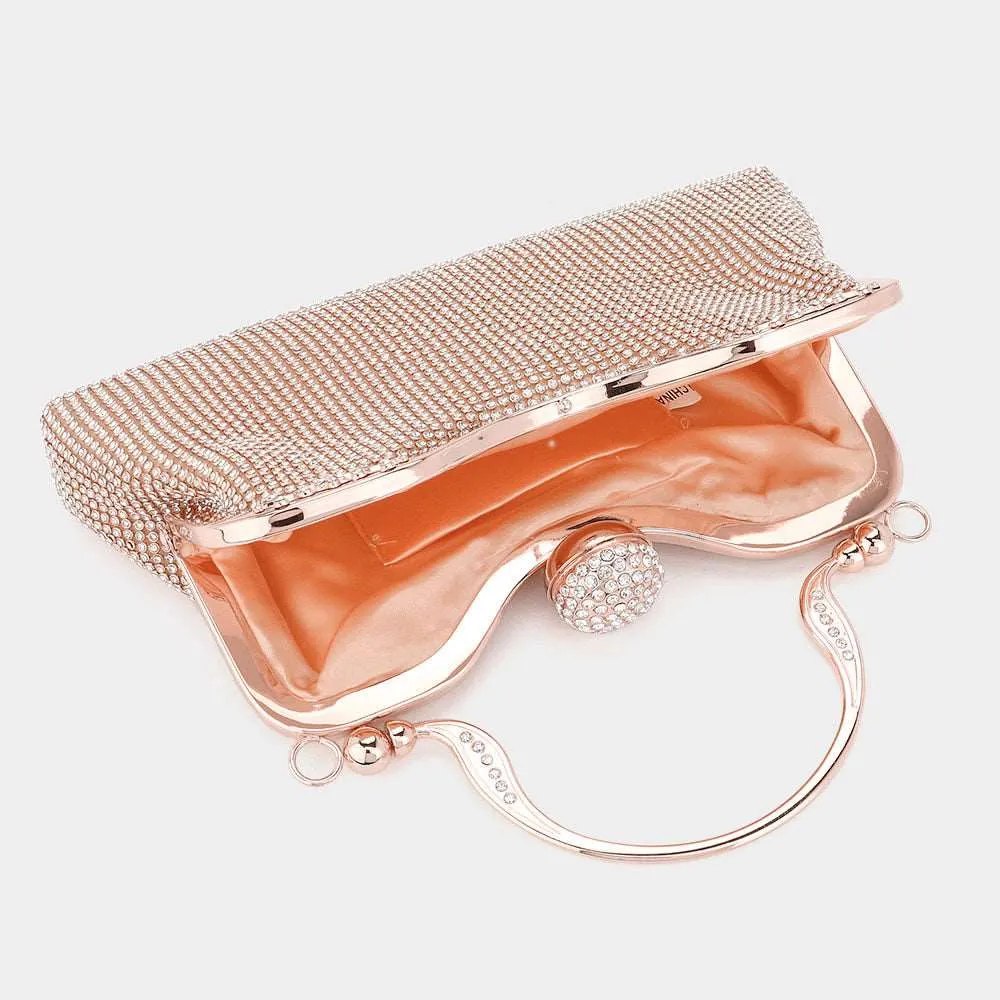 Rose Gold Bling Rhinestone Mesh Top Handle Evening Bag / Crossbody Bag