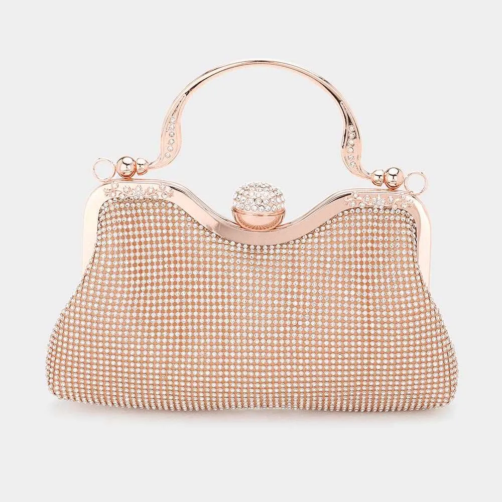 Rose Gold Bling Rhinestone Mesh Top Handle Evening Bag / Crossbody Bag