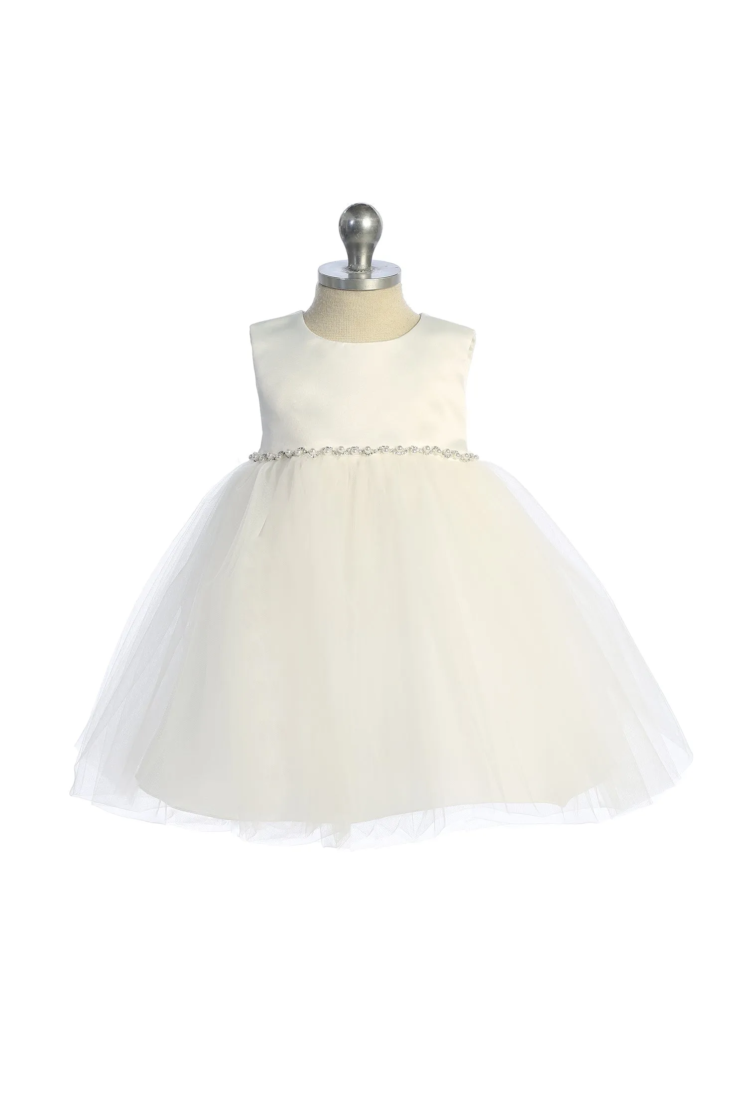 Satin Top Baby Dress with Wavy Rhinestone & Pearl Trim