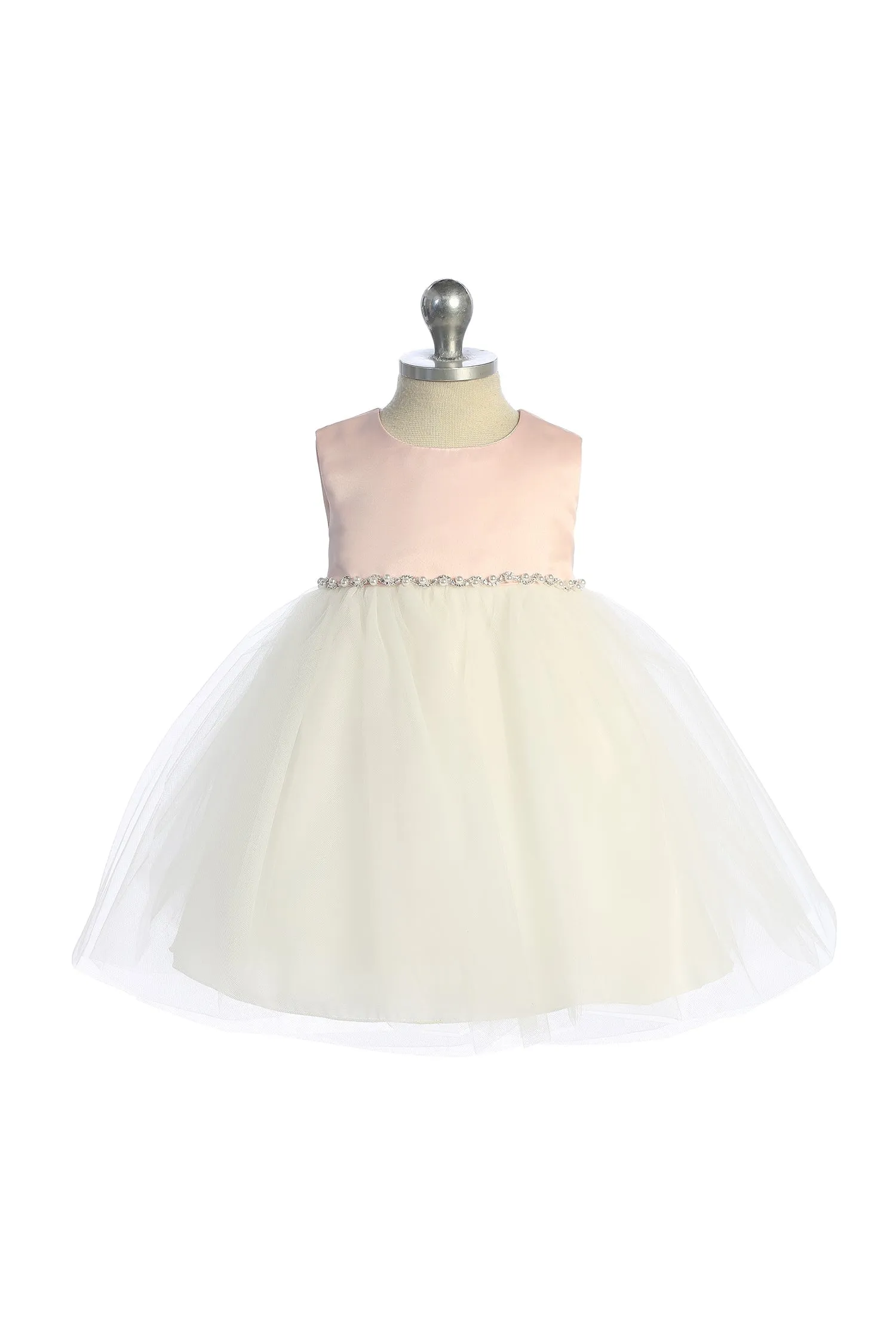 Satin Top Baby Dress with Wavy Rhinestone & Pearl Trim