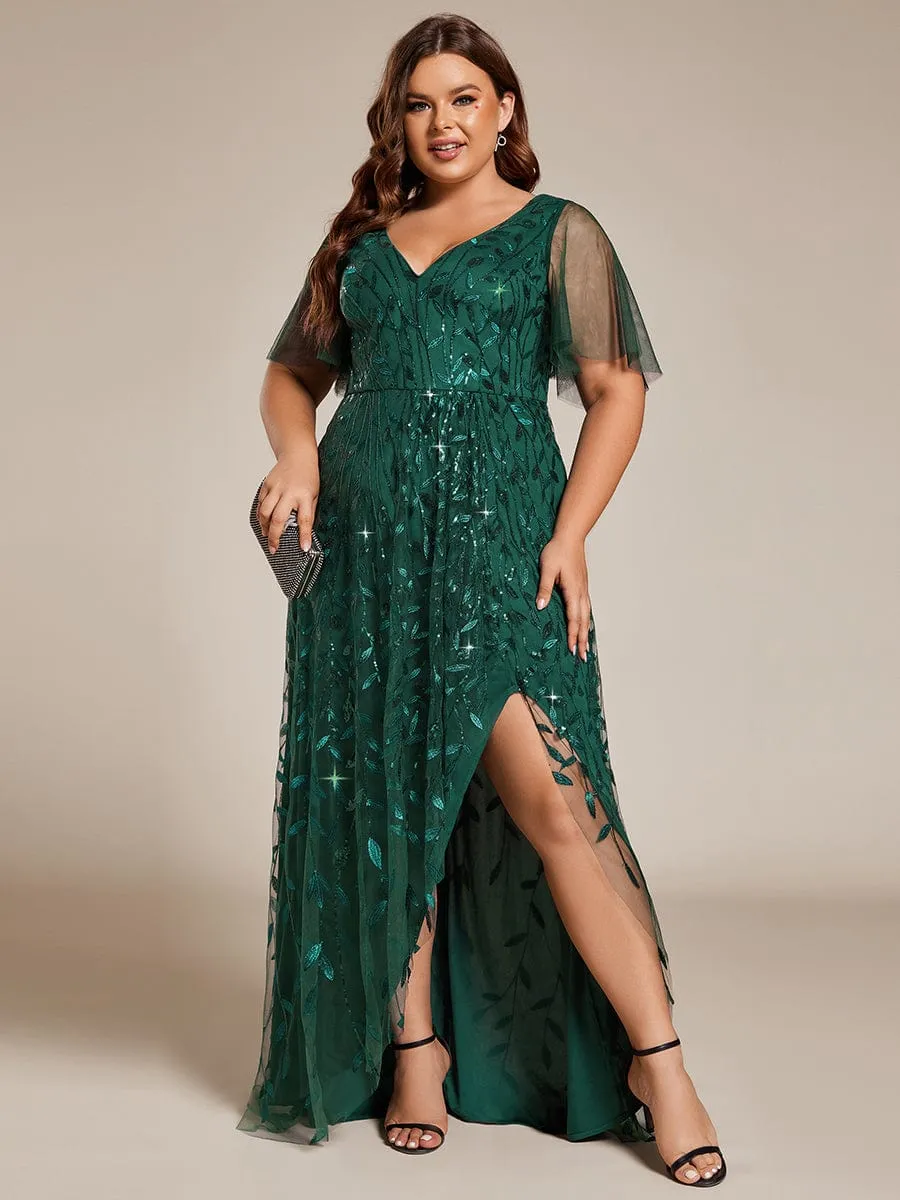 Short Sleeves Sequin High Low V-Neck Midi Formal Evening Dress