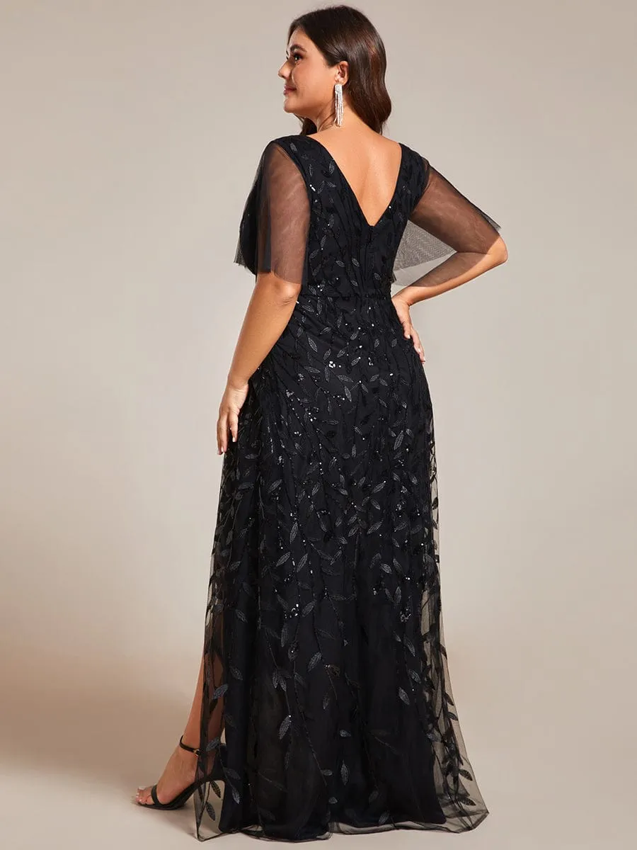 Short Sleeves Sequin High Low V-Neck Midi Formal Evening Dress