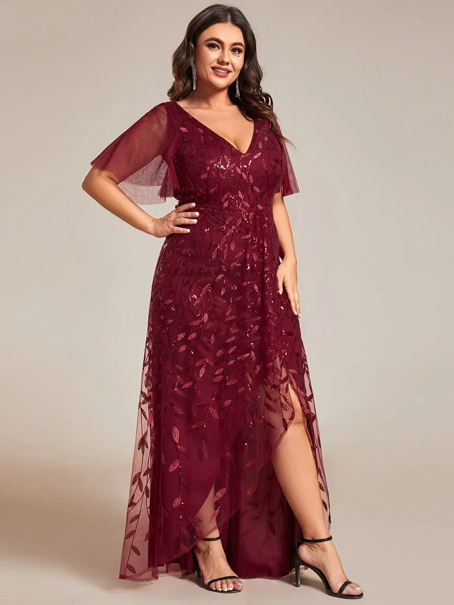 Short Sleeves Sequin High Low V-Neck Midi Formal Evening Dress