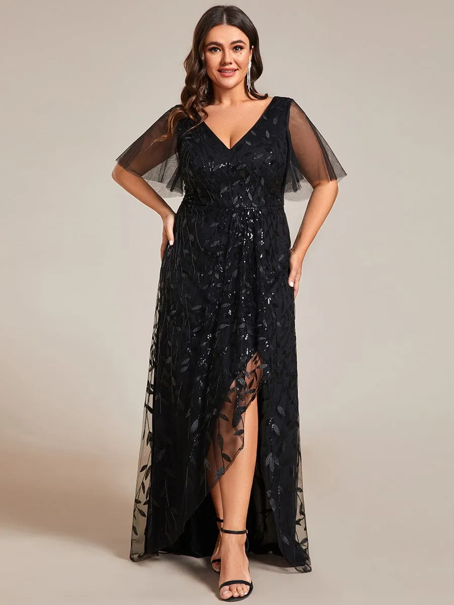 Short Sleeves Sequin High Low V-Neck Midi Formal Evening Dress