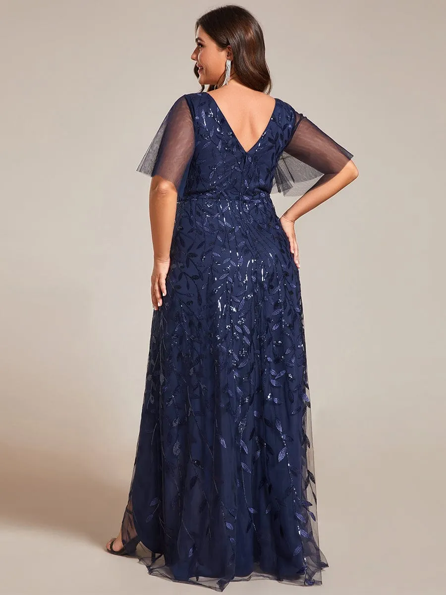 Short Sleeves Sequin High Low V-Neck Midi Formal Evening Dress