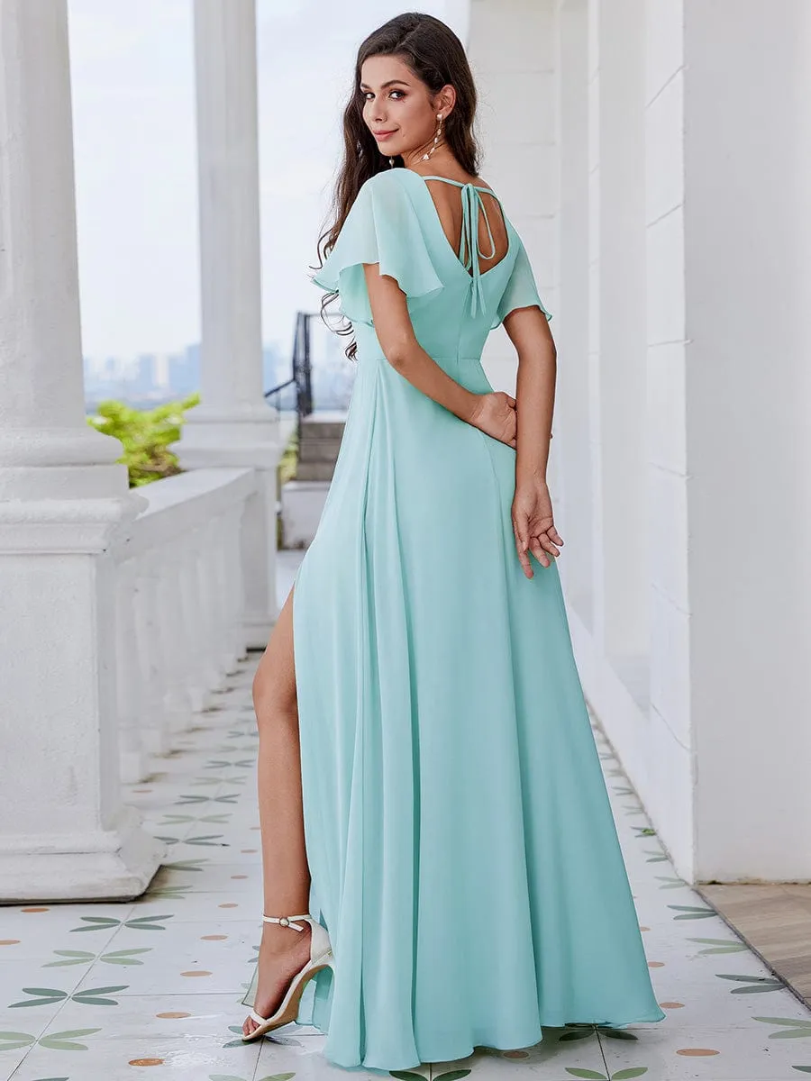 U-Neck and Back Tie High Slit Bridesmaid Dress with Ruffle Sleeves