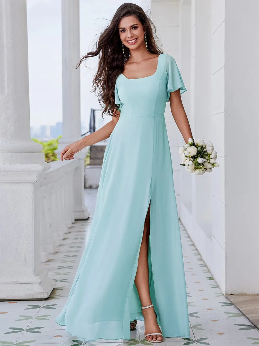 U-Neck and Back Tie High Slit Bridesmaid Dress with Ruffle Sleeves