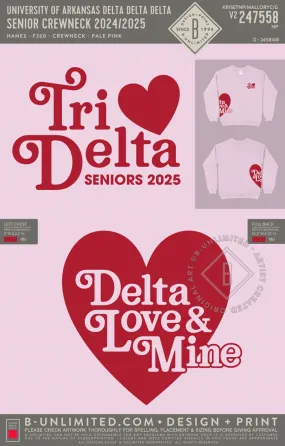 University of Arkansas Delta Delta Delta - Senior Crewneck 2024/2025 - Hanes - F260 - Sweatshirt - Pale Pink