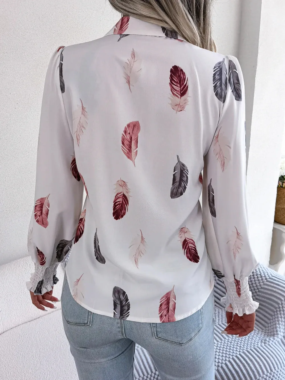 Women Casual Feather Print Collar Long Sleeve Shirt White Pink Blue