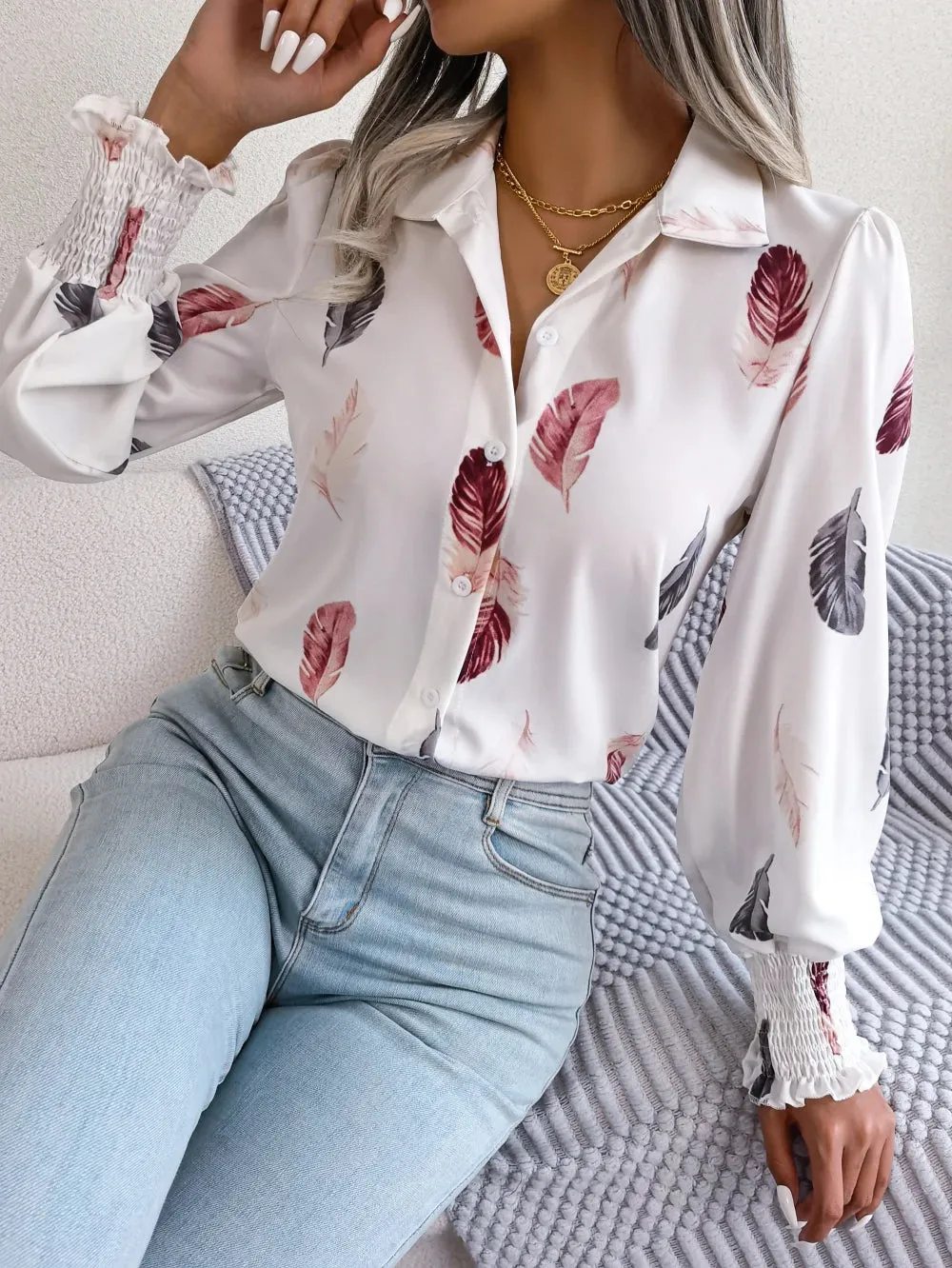 Women Casual Feather Print Collar Long Sleeve Shirt White Pink Blue