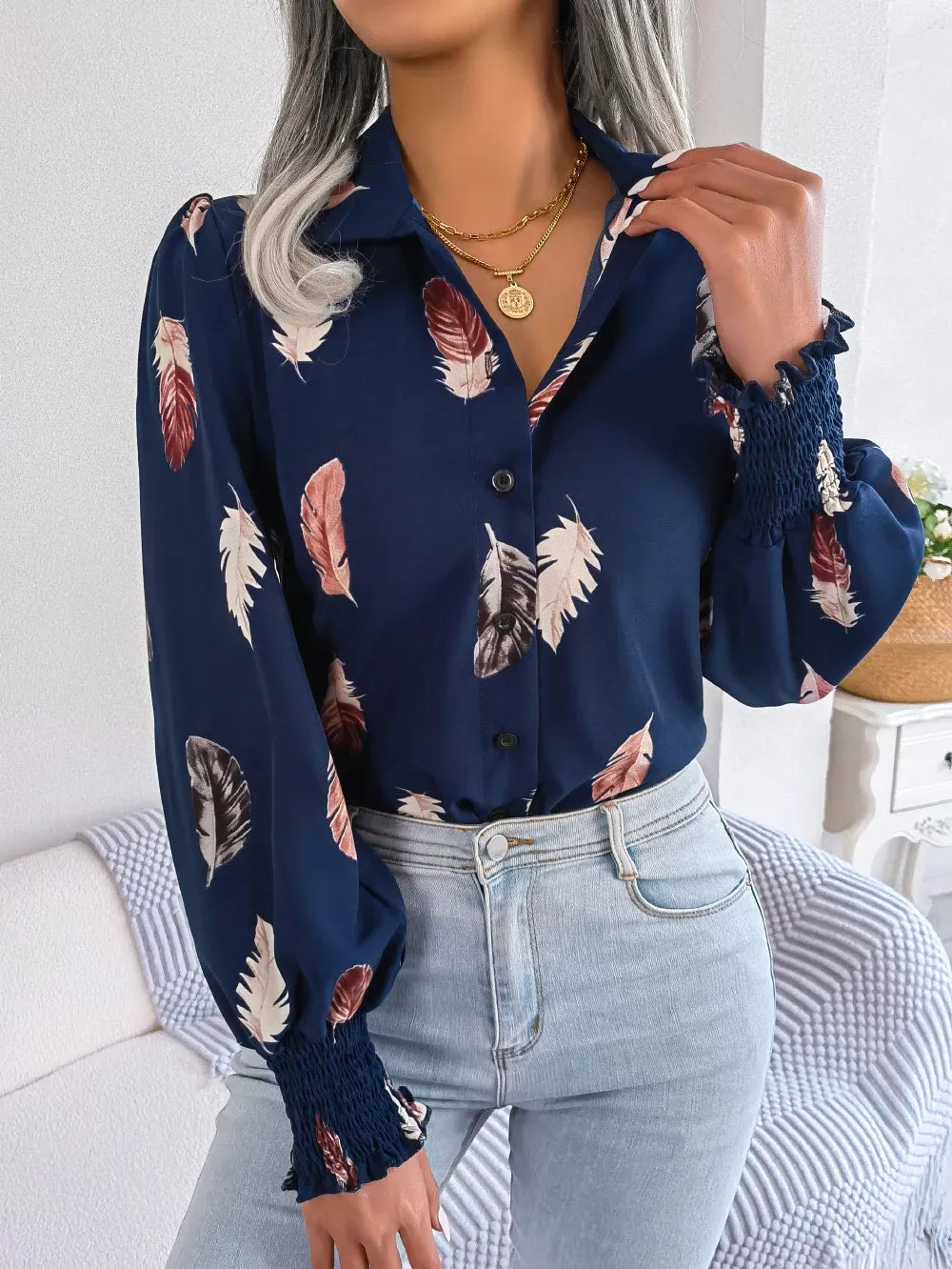 Women Casual Feather Print Collar Long Sleeve Shirt White Pink Blue