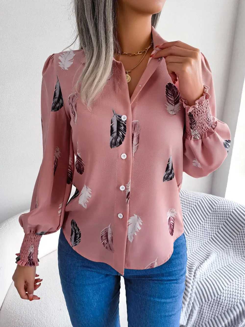 Women Casual Feather Print Collar Long Sleeve Shirt White Pink Blue