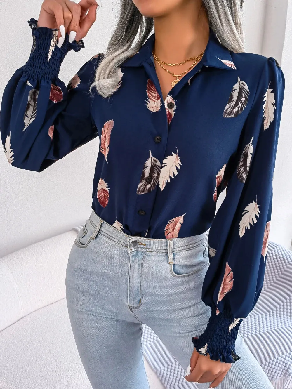 Women Casual Feather Print Collar Long Sleeve Shirt White Pink Blue