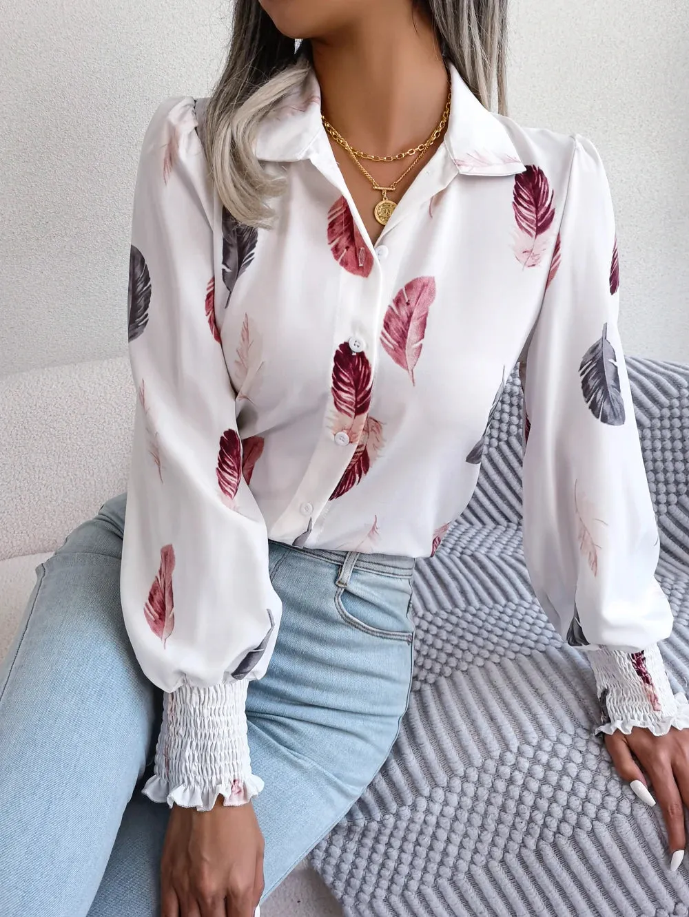 Women Casual Feather Print Collar Long Sleeve Shirt White Pink Blue