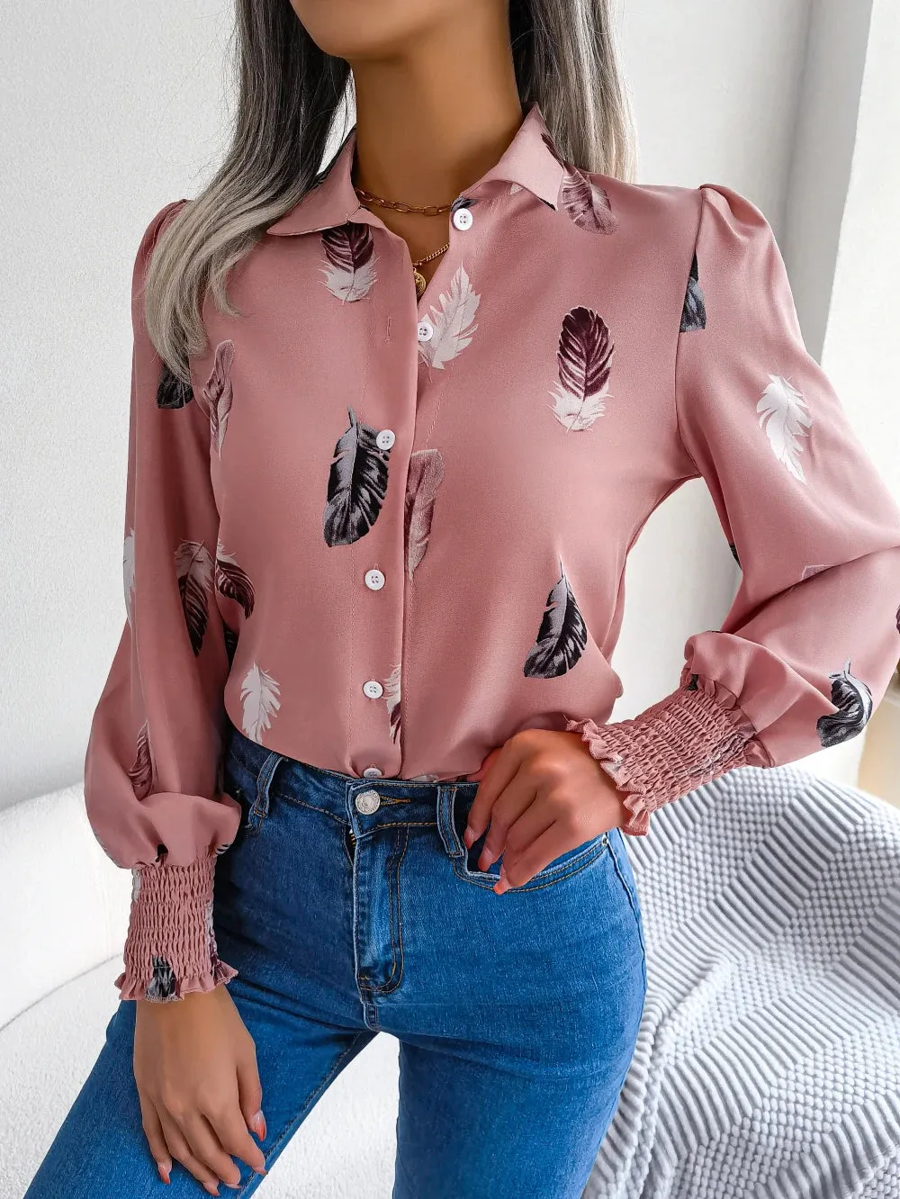 Women Casual Feather Print Collar Long Sleeve Shirt White Pink Blue