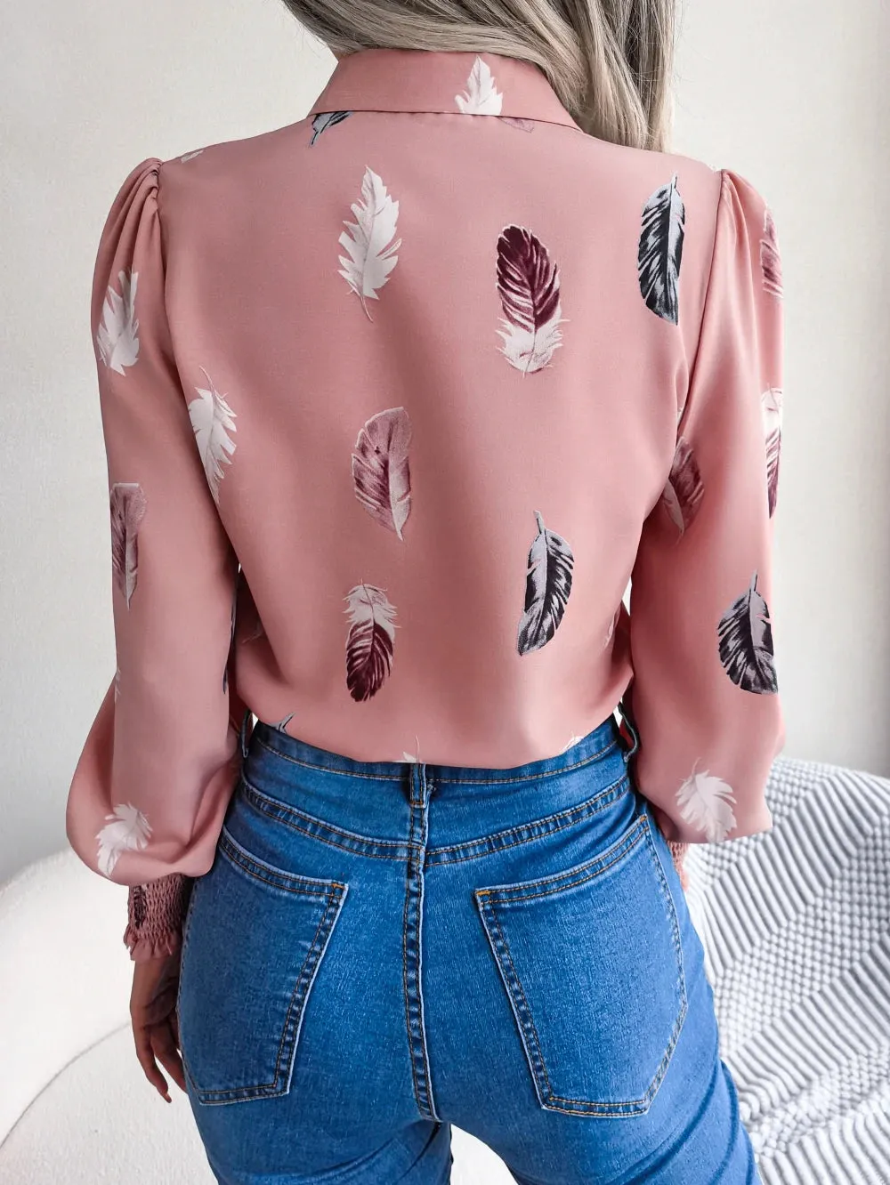 Women Casual Feather Print Collar Long Sleeve Shirt White Pink Blue