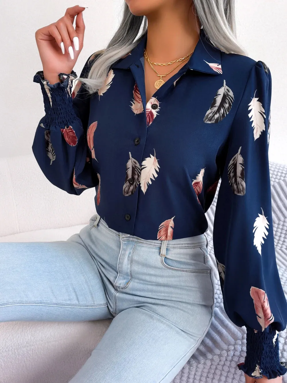 Women Casual Feather Print Collar Long Sleeve Shirt White Pink Blue