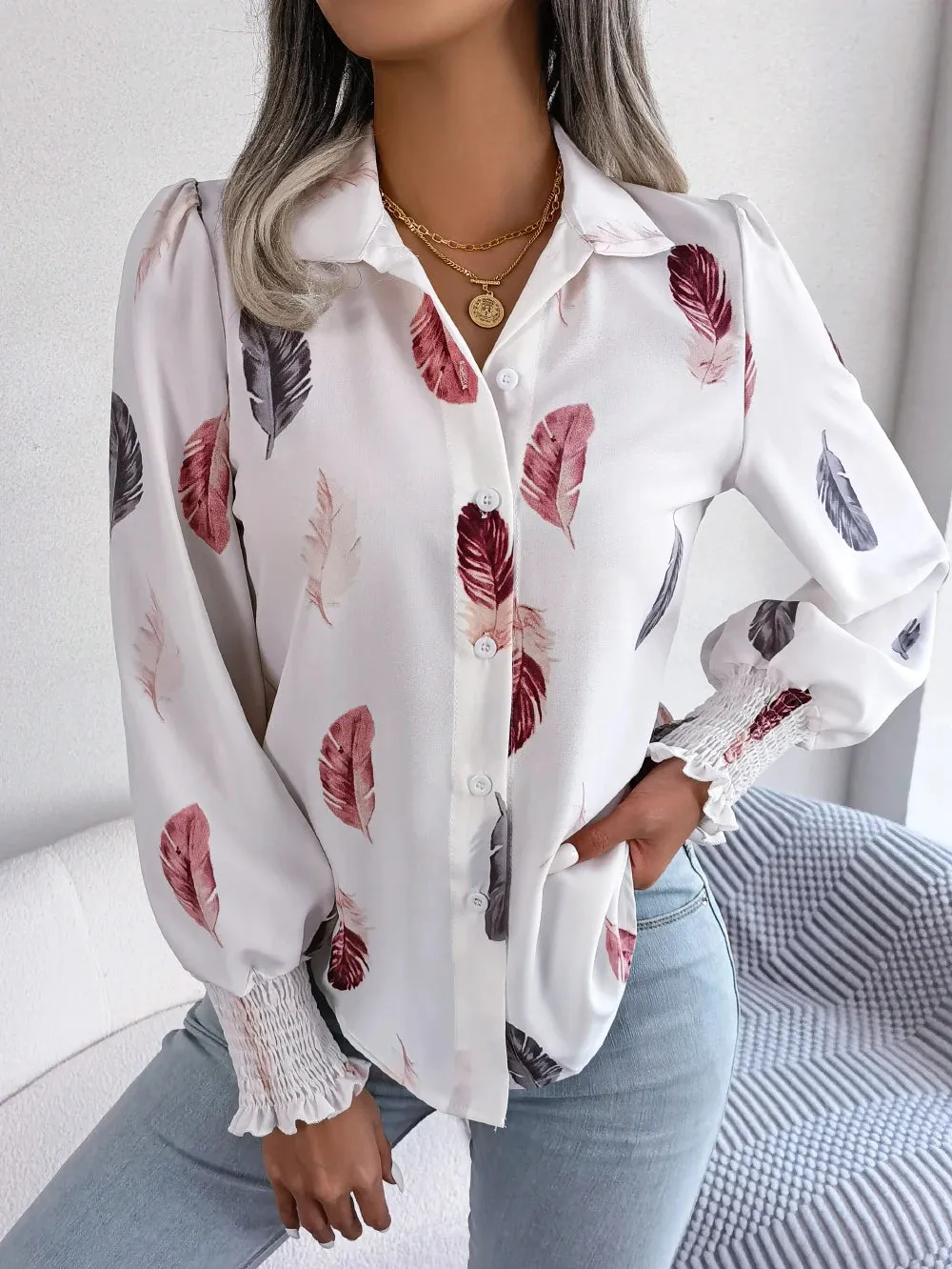 Women Casual Feather Print Collar Long Sleeve Shirt White Pink Blue