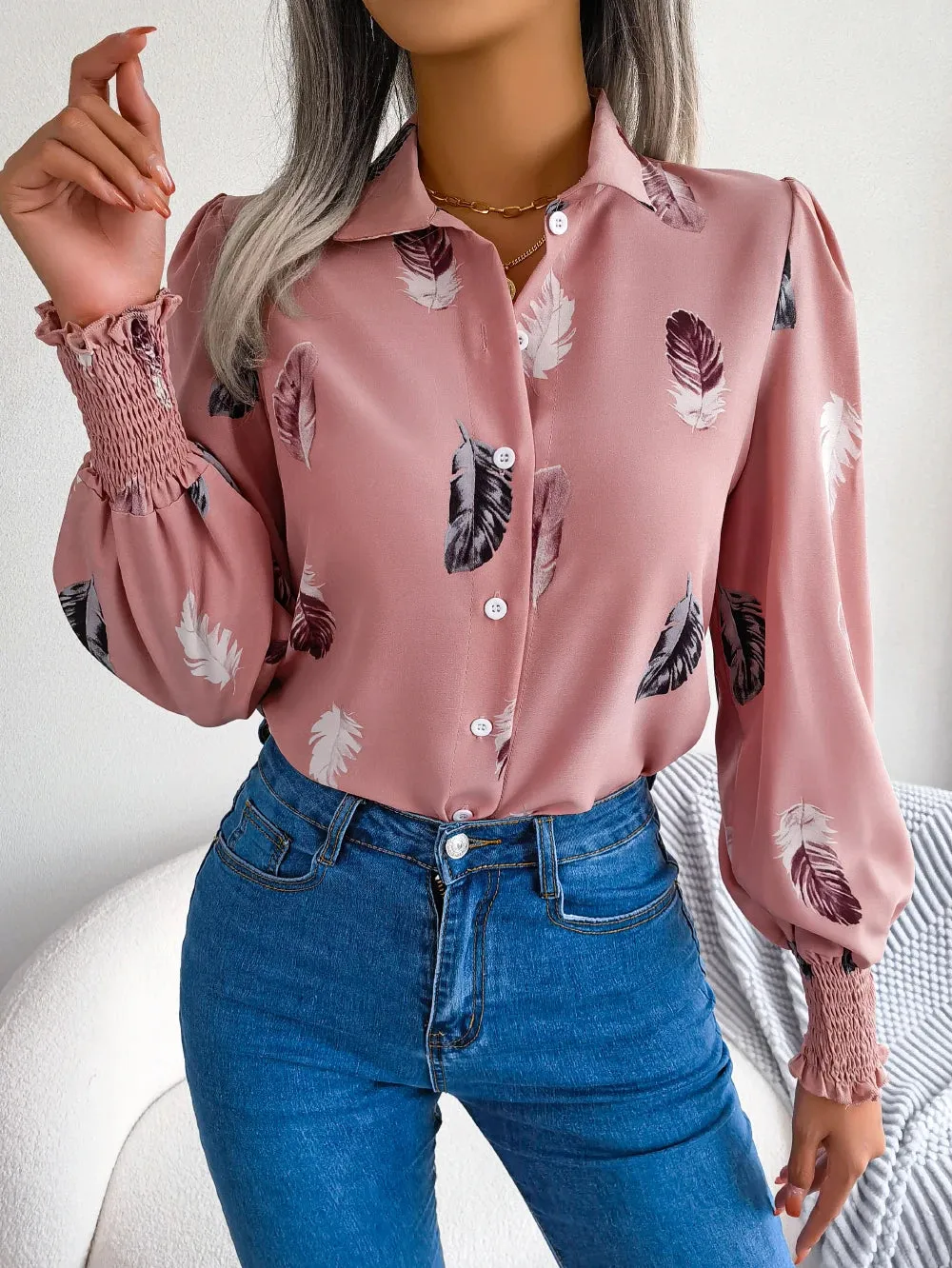 Women Casual Feather Print Collar Long Sleeve Shirt White Pink Blue