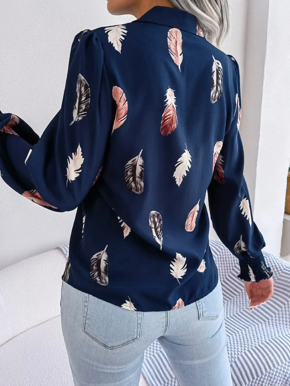 Women Casual Feather Print Collar Long Sleeve Shirt White Pink Blue