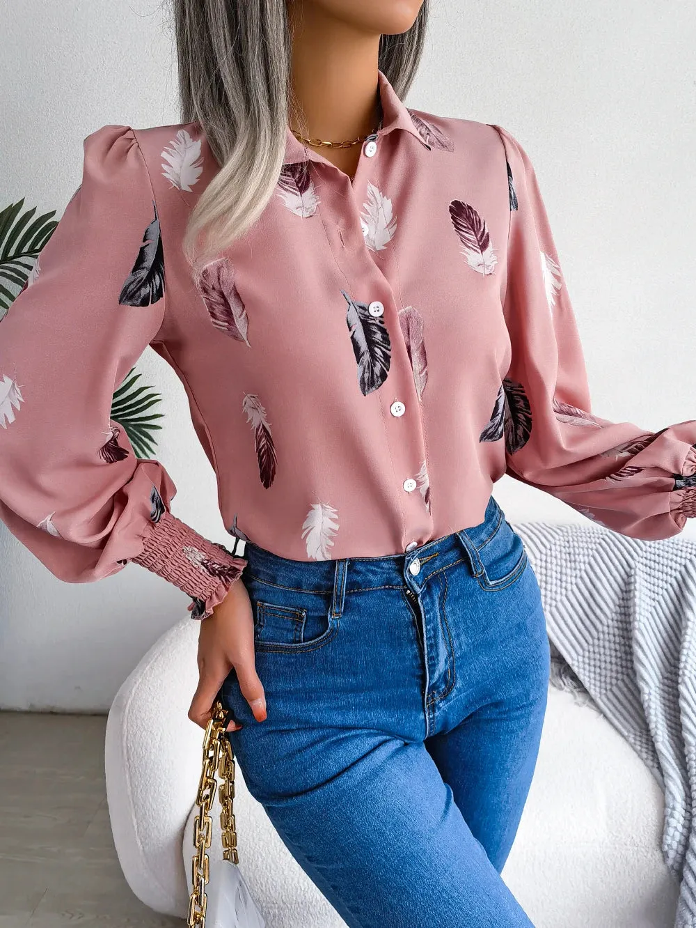 Women Casual Feather Print Collar Long Sleeve Shirt White Pink Blue