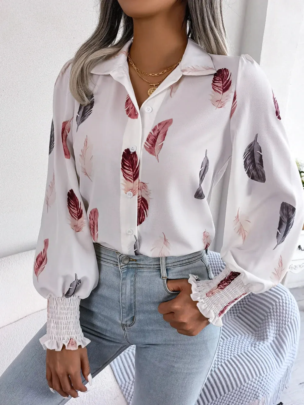 Women Casual Feather Print Collar Long Sleeve Shirt White Pink Blue