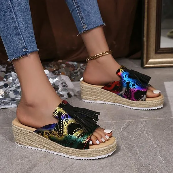 Women's Casual Colorful Wedge Slippers with Tassels 07336687S