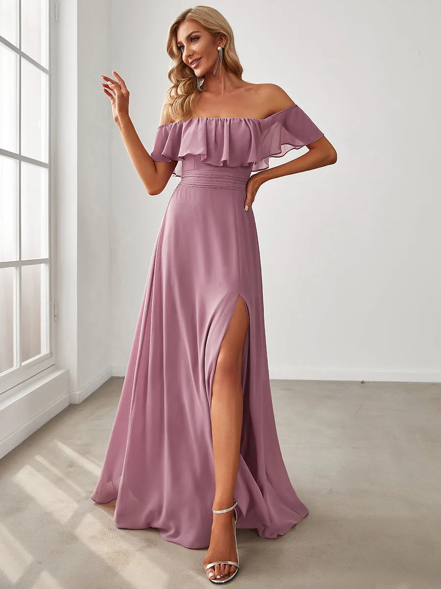 Women's Off Shoulder Ruffle Thigh Split Wholesale Bridesmaid Dresses