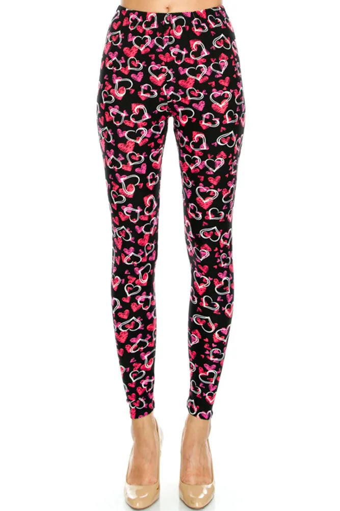 Women's PLUS Outlined Hearts Pattern Printed Leggings - Black Pink