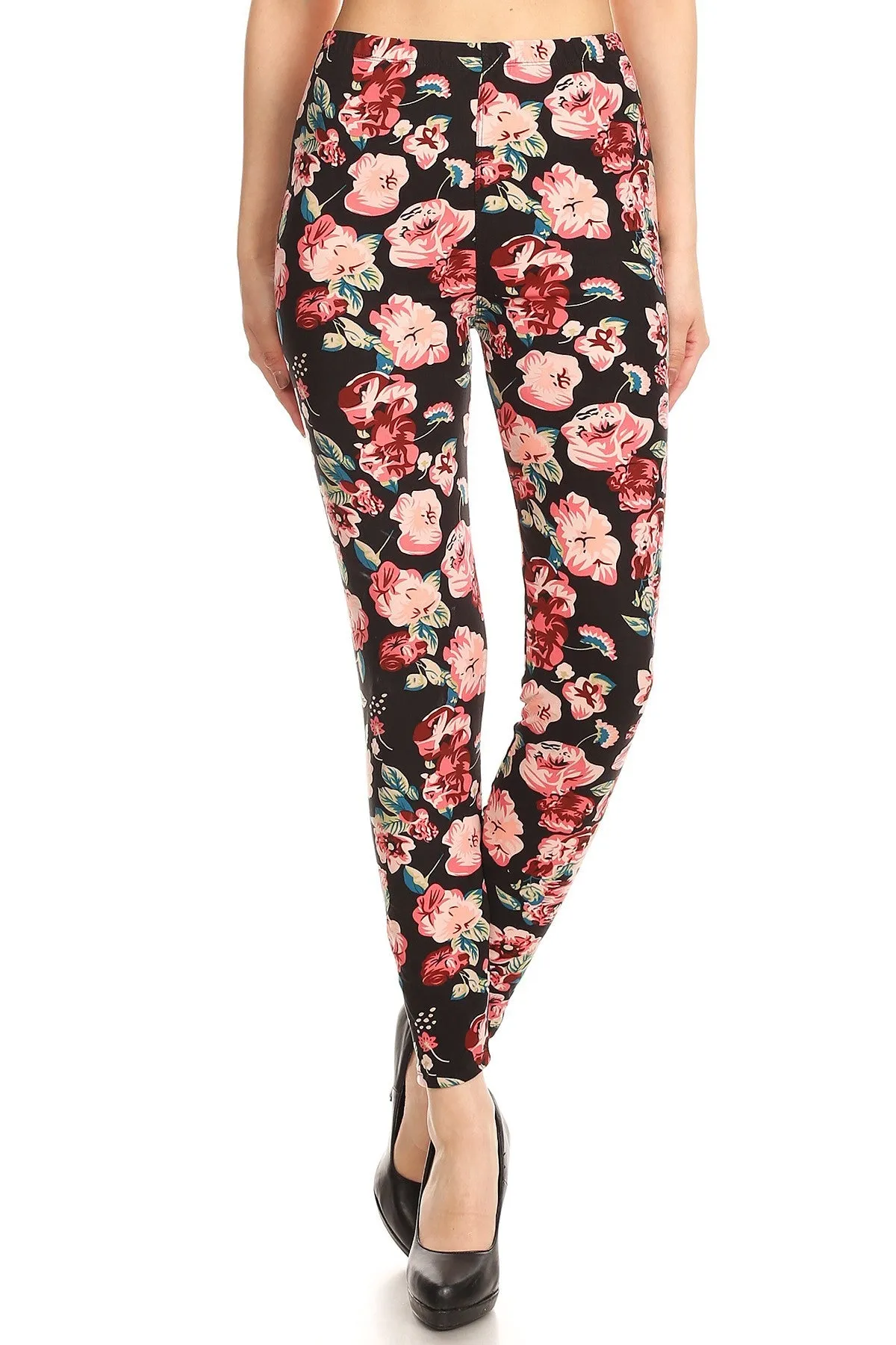 Women's Plus Pink Rose Floral Blossom Pattern Printed Leggings