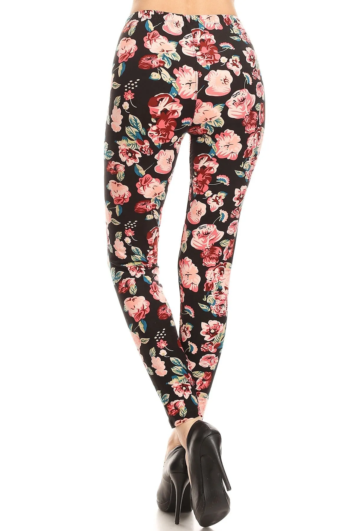 Women's Plus Pink Rose Floral Blossom Pattern Printed Leggings